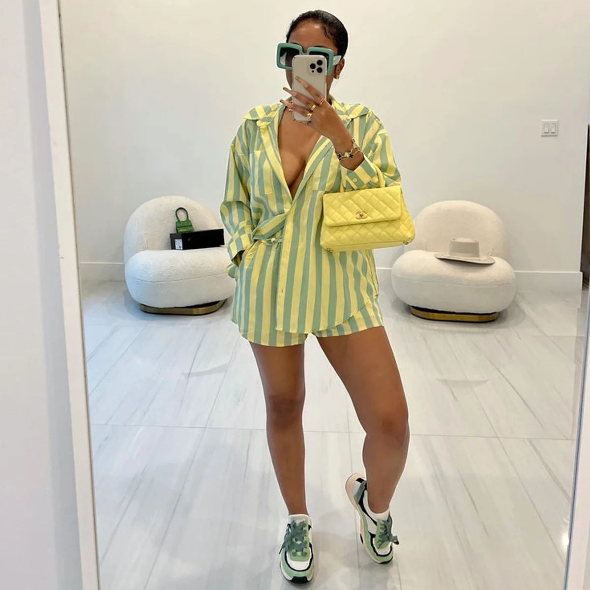 

2025 Women Office Commuter Street Casual Shorts Set Spring and Summer Striped Long Sleeve Loose Shirt Shorts Vacation Style Set