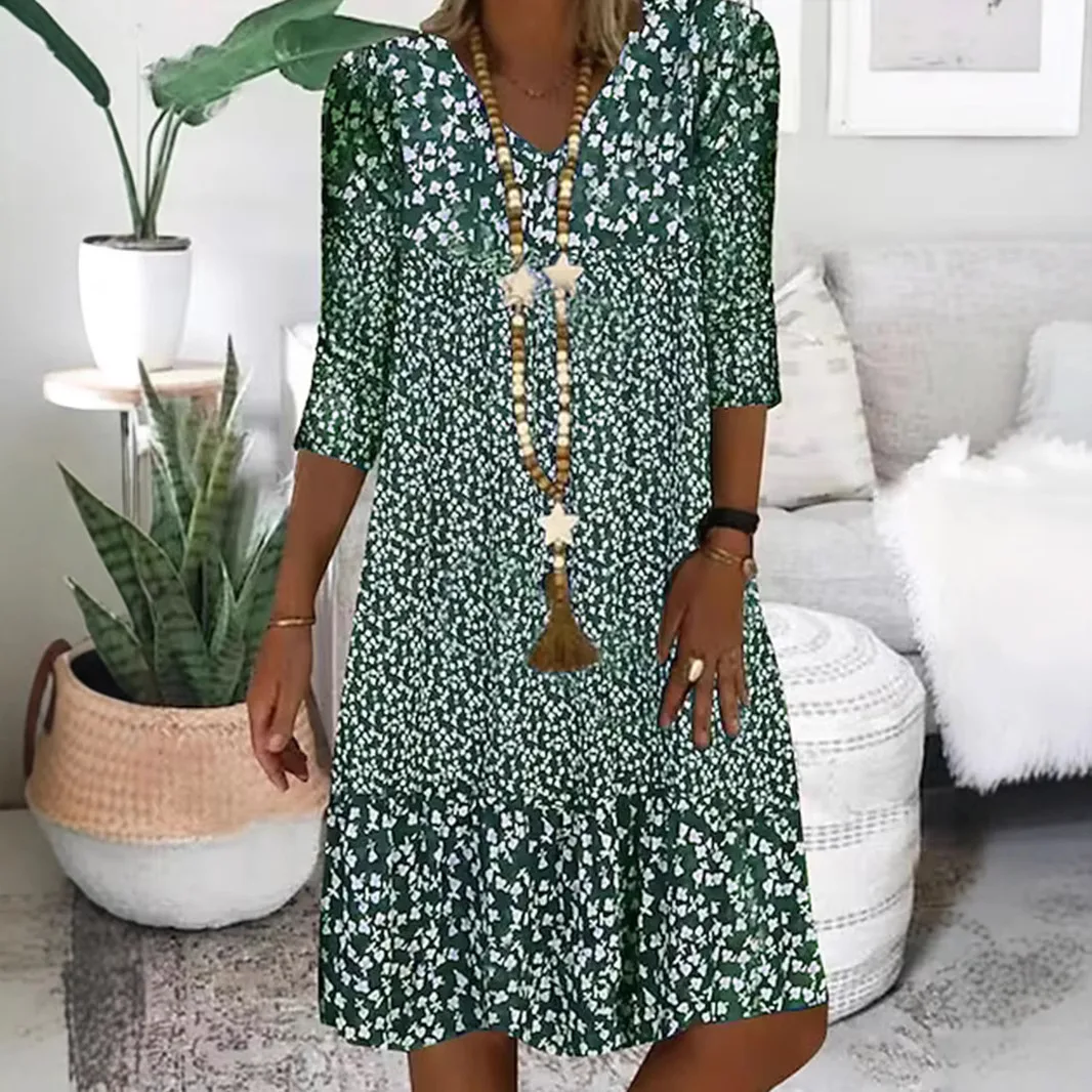 2025 夏の新プリントミッドスリーブ V ネックファッションカジュアルルーズミッドレングスドレス女性 Vestidos デ フィエスタ