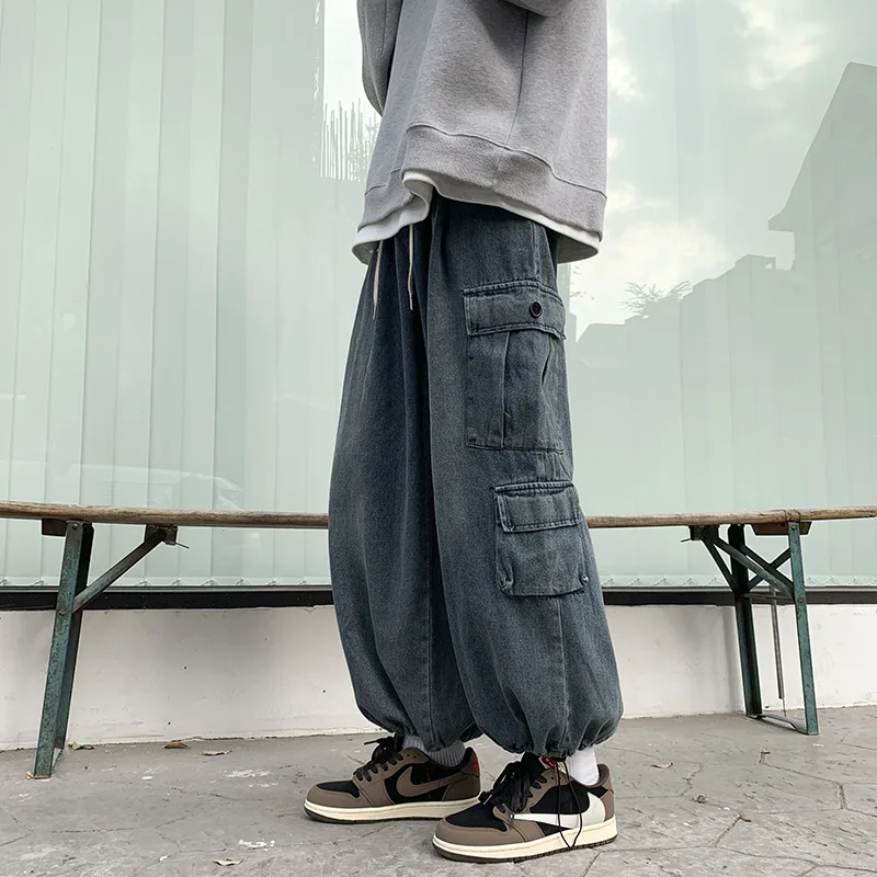 

Модные молодежные повседневные джинсы прямого кроя, мужские свободные широкие брюки-галифе, рабочая одежда, джинсовая ткань, низкая посадка, на все сезоны