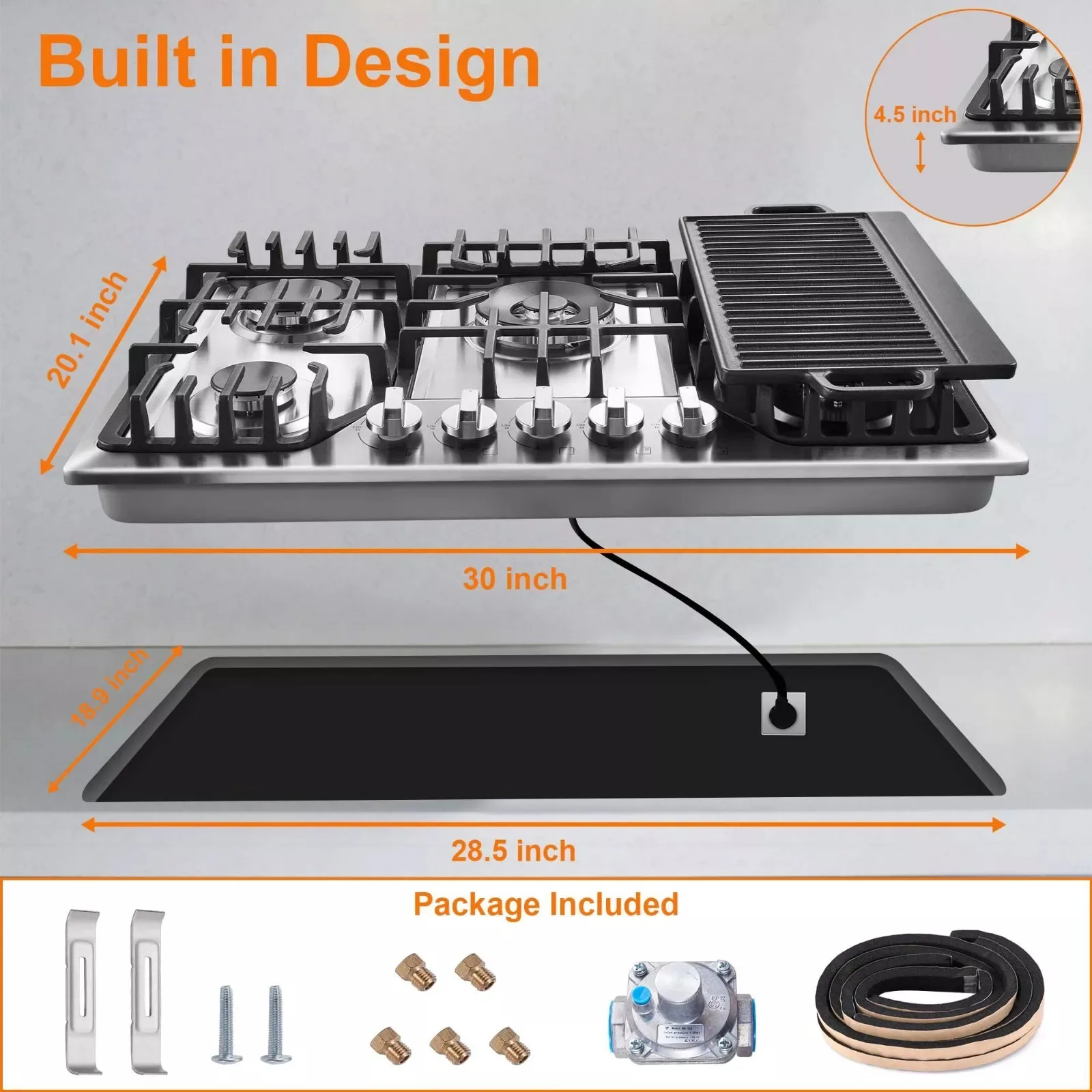 Tieasy 5 Burners 30 inch NG/LPG Stainless Steel Built-in Hob with Grill Gas Cooktop HG001-305S