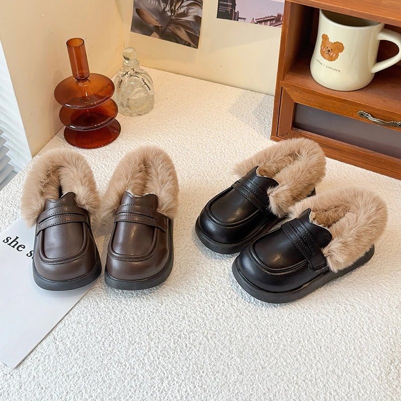 Winter Girls Furry Cotton Shoes Warm Hairy Children Outdoor Causal Shoes Non-slip Simple Kids Fashion Plush Shoes Black Brown