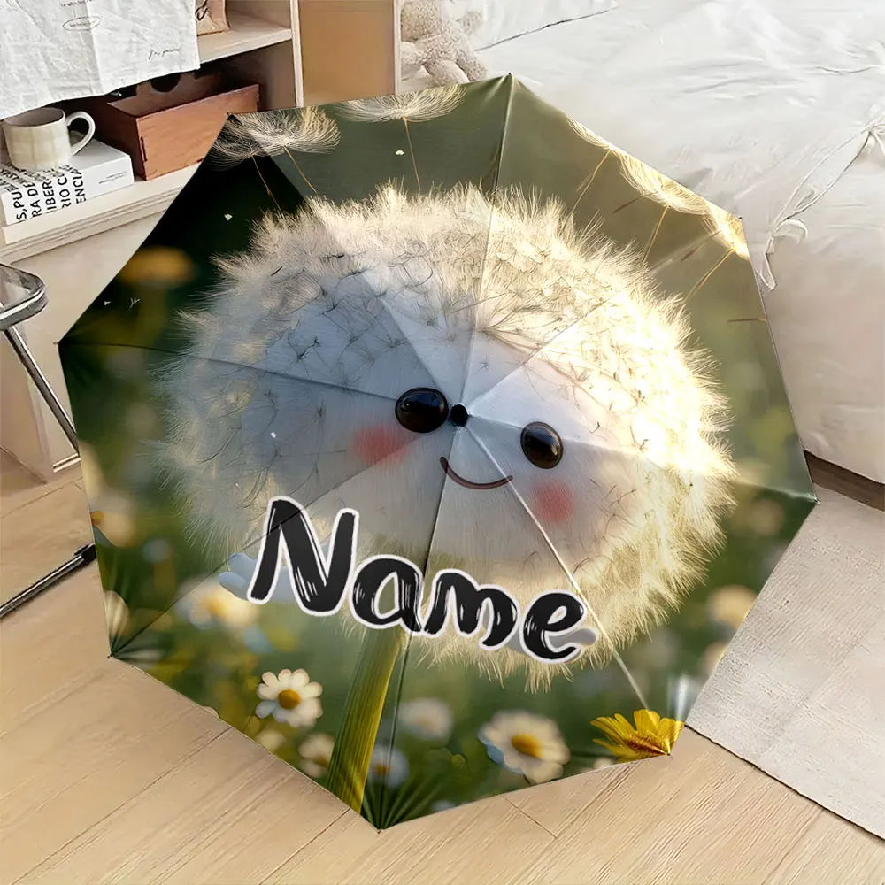 Custom Name Umbrella, Cute Smiling Dandelion Cartoon Design Printed Umbrella Folding Umbrella for Sunny and Rainy,Gift