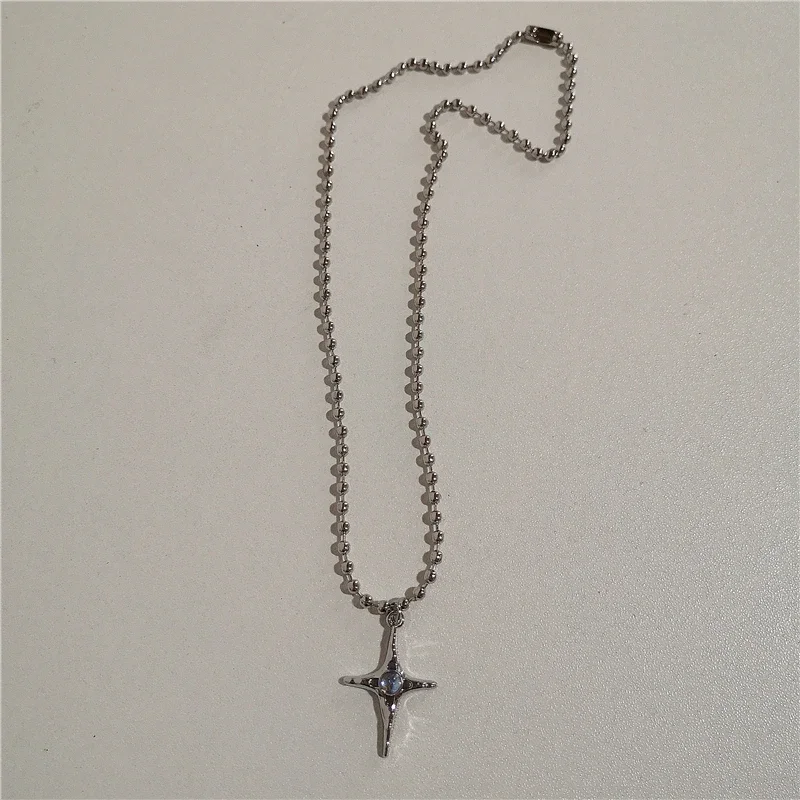 Kpop Punk Grunge Silber Farbe Stern Kreuz Anhänger Halskette Für Männer Frauen Paar Vintage Ästhetischen Schmuck Y2K EMO Zubehör – Detail 4