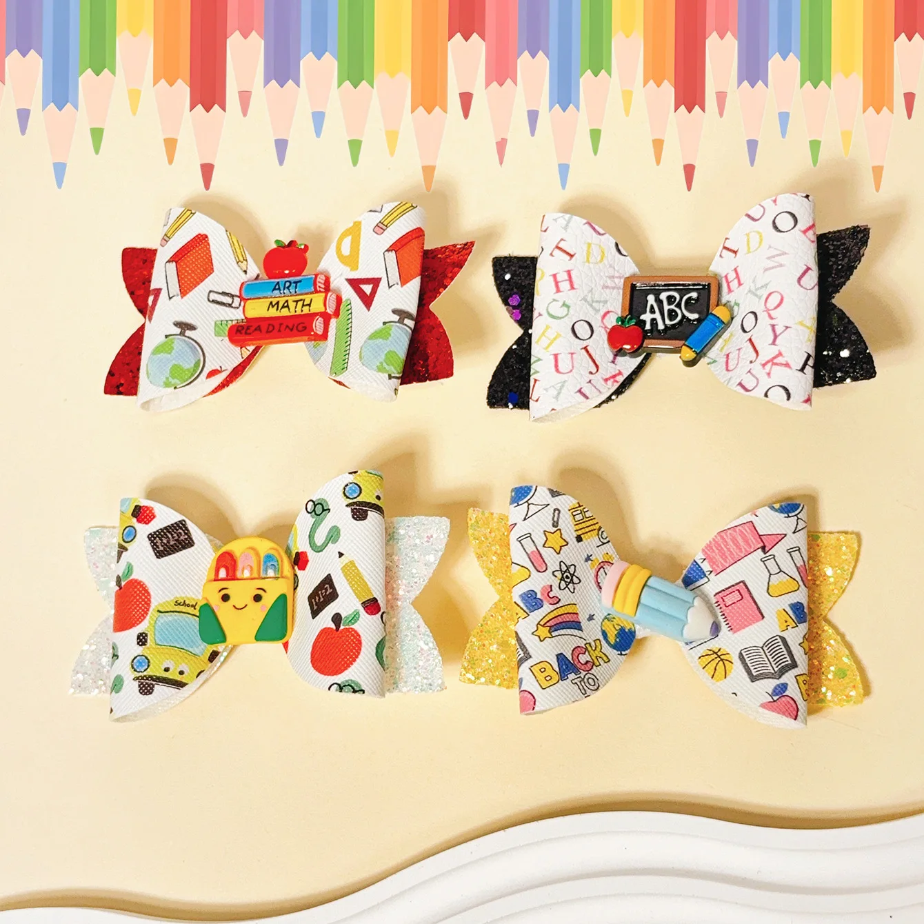 

40 PCS/Lot, 3.5" Back to School Glitter Bow Hair Clips For School Girls Hair Accessories