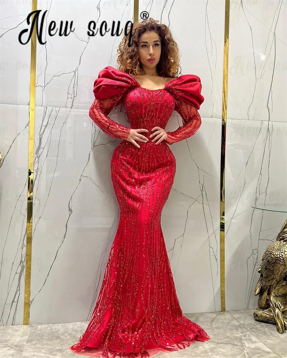 

Burgundy Long Sleeves Evening Dresses Robes De Soiree Luxury Dubai Mermaid Sequins Prom Dress Custom Made Arabic Party Gowns