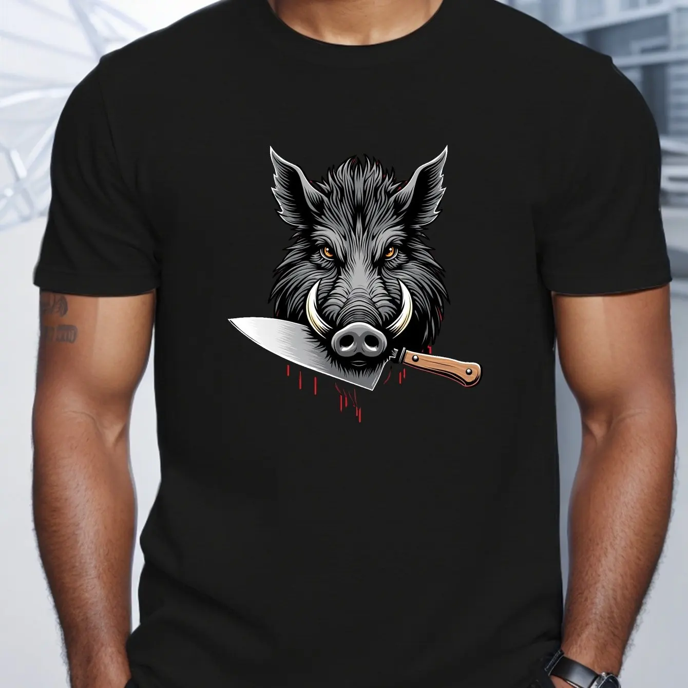 

Мужская повседневная футболка из полиэстера с геометрическим принтом дикого кабана и тесак, круглый вырез, мужская одежда обычного кроя, удобная