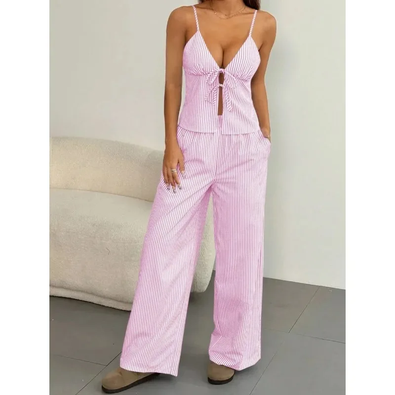 Women Summer Striped Two Piece Set Sleeveless Camisole High Waist Wide Leg Trousers Elegant Vacation Outfit Matching Tracksuit
