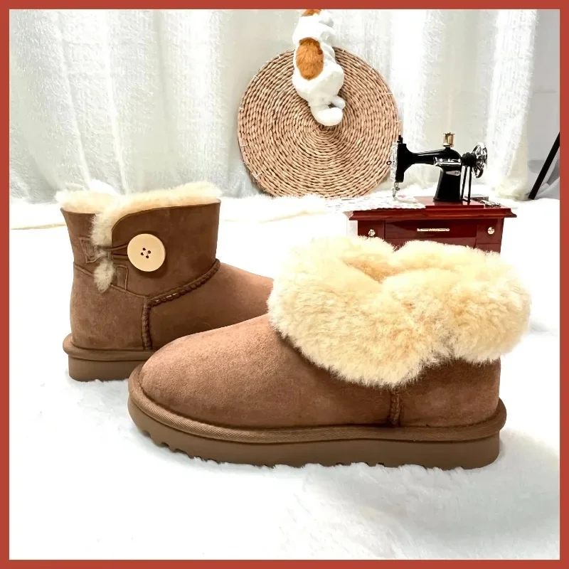 Real leather, real wool, sheep fur, one-piece buckle, low cut, two on, fashionable, warm, chestnut thick snow boots