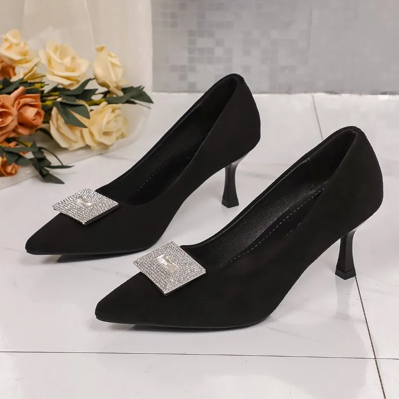 

2025 New French Suede Women's Slim Work Shoes Rhinestone Square Buckle High Heels Black Pointed Toe Temperament Single Shoes