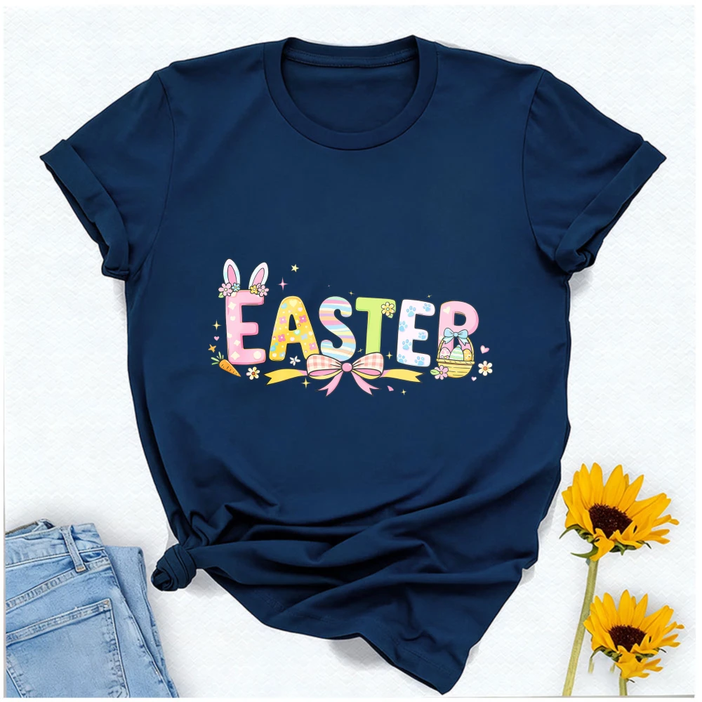 Bunny Ears Bow with Carrot Egg Basket Paw Print Graphic Pastel Cute Festive Casual Outfits for Spring Easter Celebrations Tee