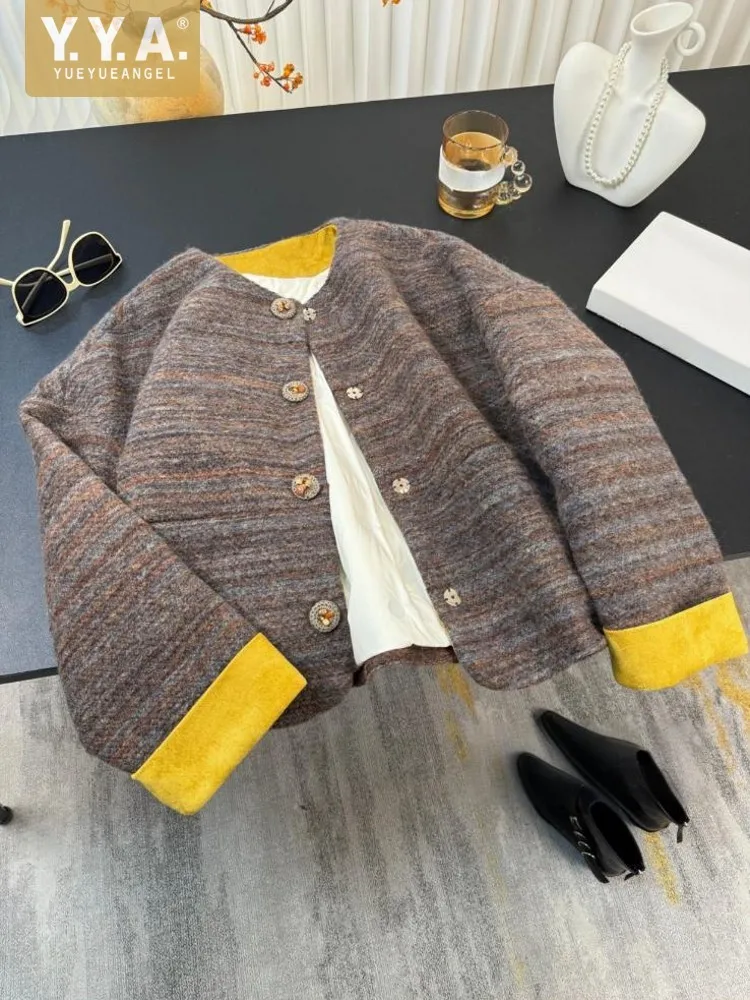 Elegant Lady Fashion Striped Woolen Tweed Jacket O-Neck Single Breasted Winter Office Women Versatile Down Coat Casual Outerwear