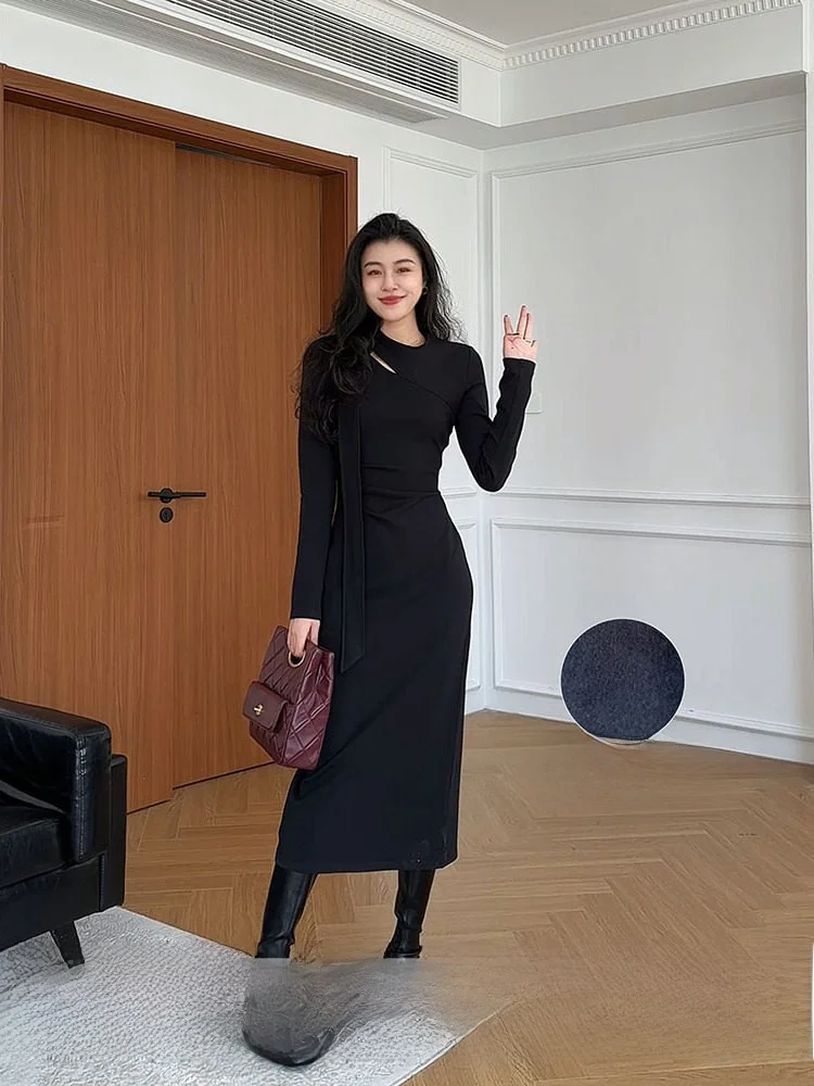 

Платье Zhang a Xing Simple Luxury с флисовой подкладкой, черное, зимнее, новое, в стиле Хепберн, повседневное, с круглым вырезом, с длинными рукавами, женское.