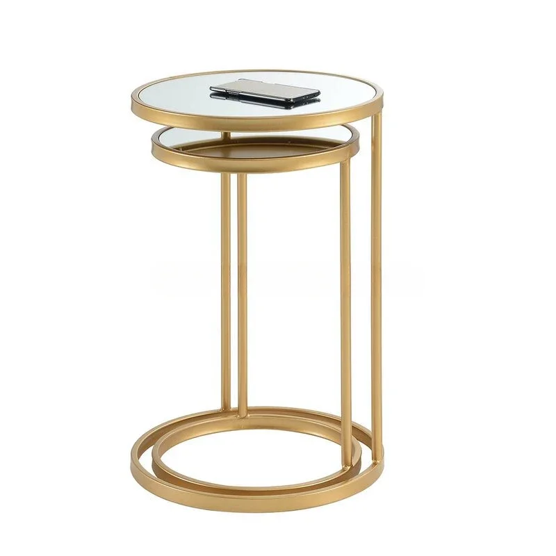 Luxury Living Room Furniture Set of 2 Gold Mirror Top Nesting C Shape Metal End Tables for Home Decor