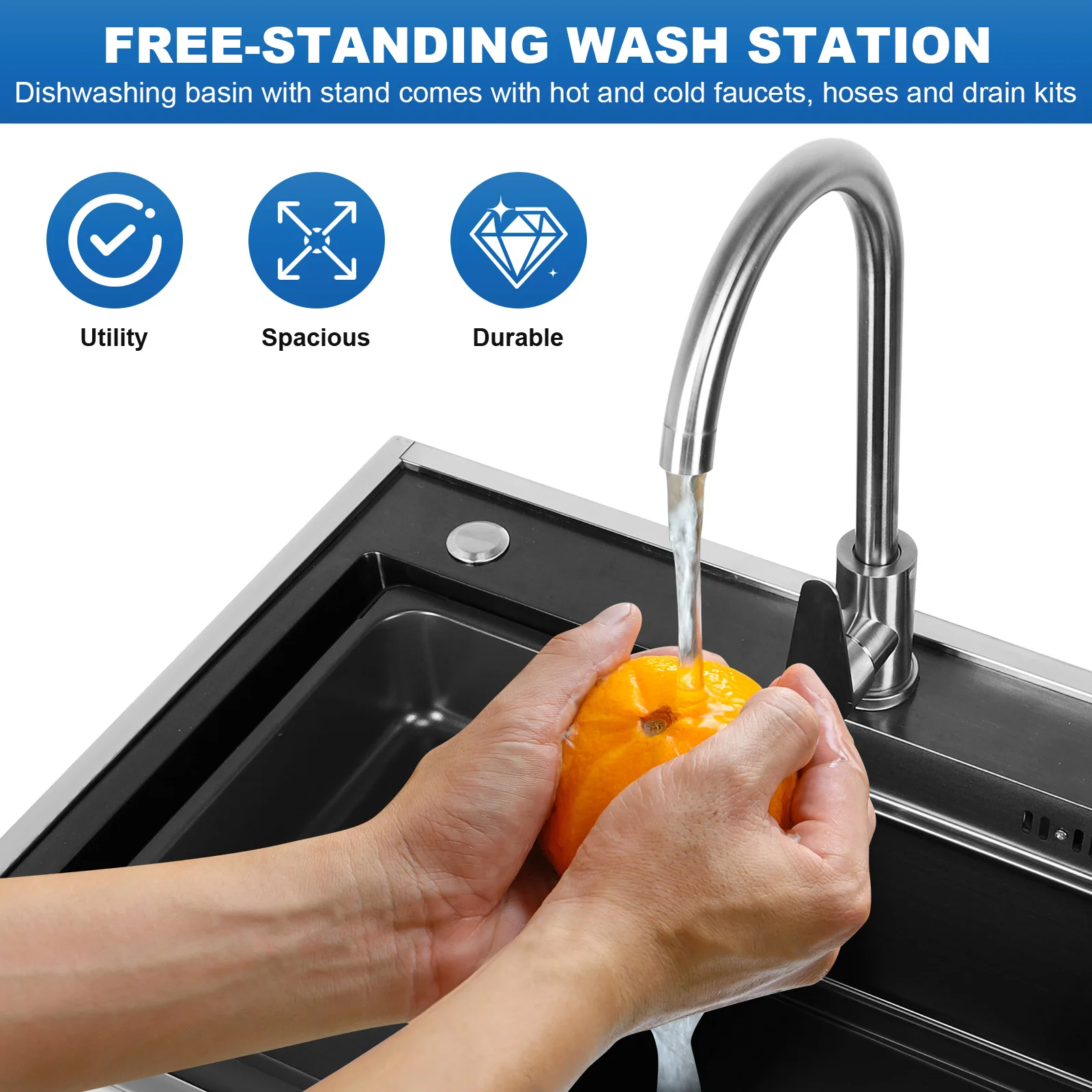 

Stainless Steel Utility Sink Adjustable Stand Hand-Made Basin Sink Rust Proof for Kitchen Bathrooms Laundry Room