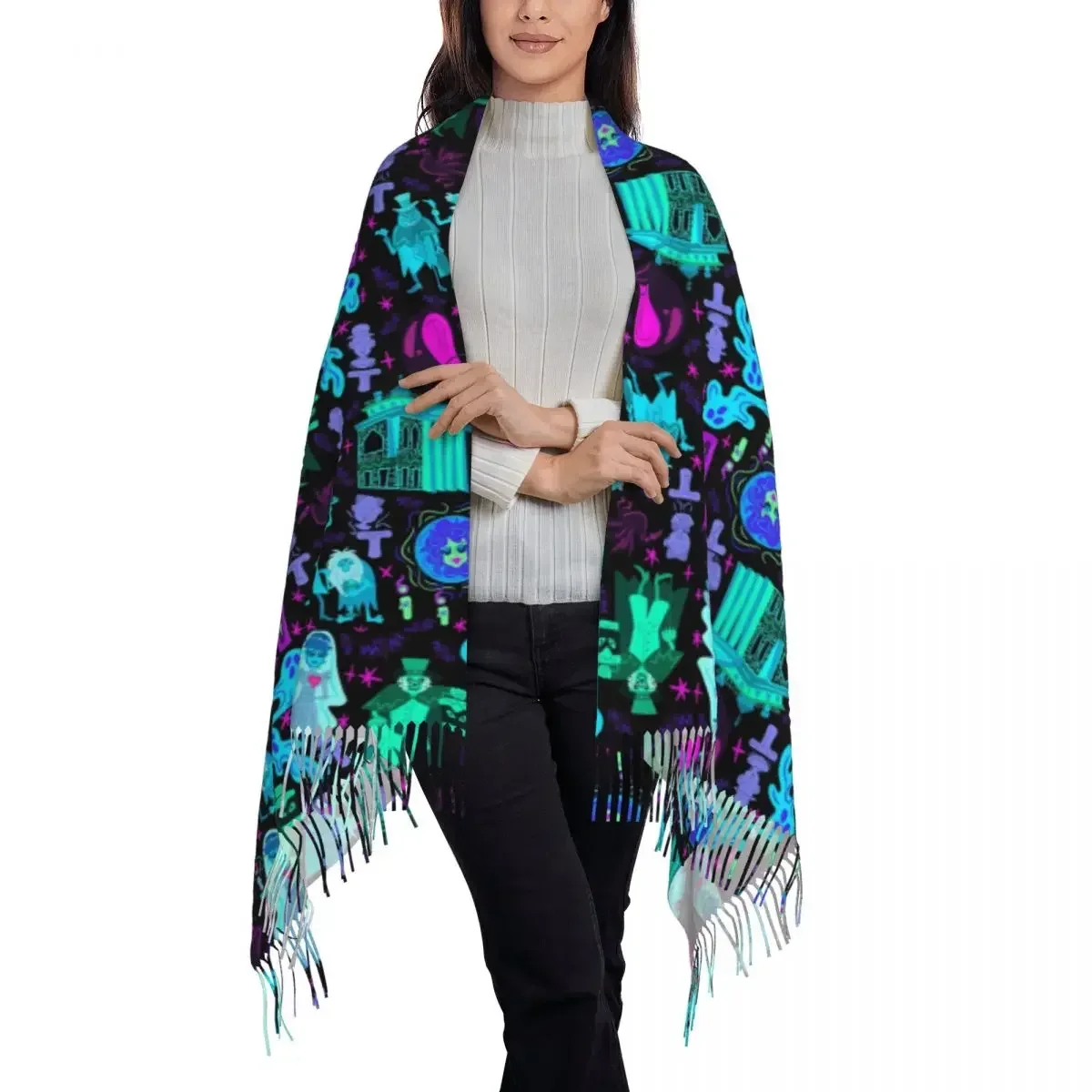 Haunted Mansion Scarf Wrap Women Long Winter Fall Warm Tassel Shawl Unisex Halloween Grimace Scarves