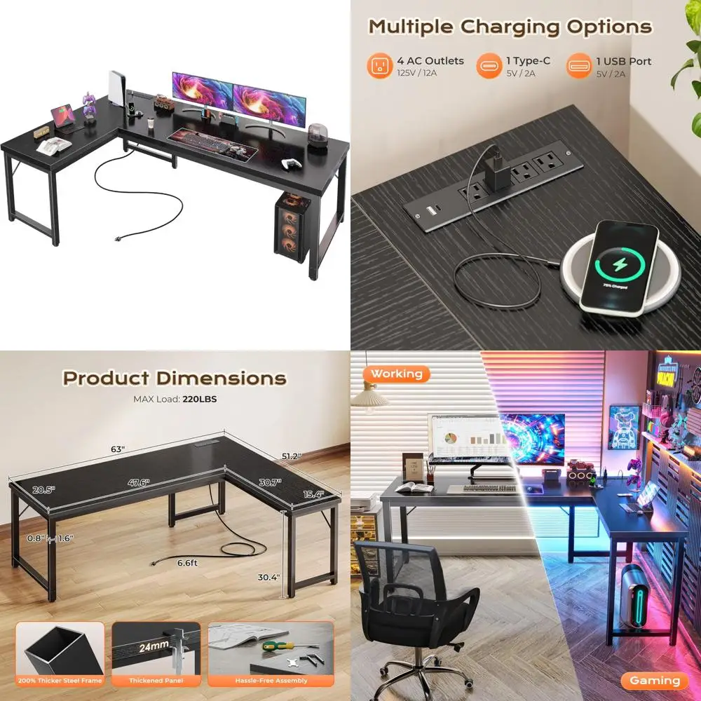 

Large 63 L-Shaped Desk with Power and USB-C Ports, Reversible for Home Office or Gaming