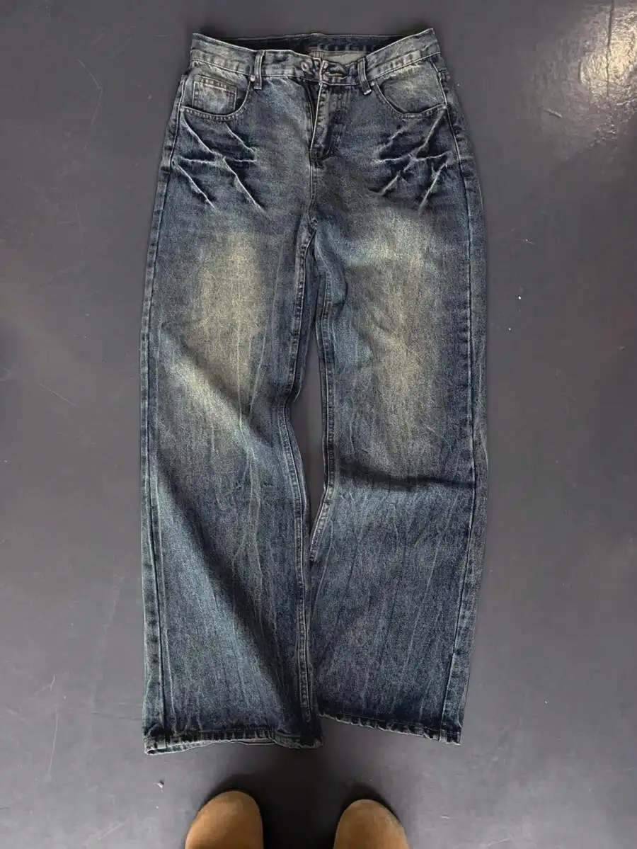 

Oversized Vintage Washed Baggy Jeans Men Loose Straight Leg Distressed Indigo Blue Y2K Streetwear