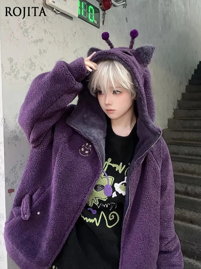 

Cat Embroidery Cute Hooded Lamb Wool Versatile Loose Thickened Plush Coat Cotton Jacket Autumn Winter Women's Clothing