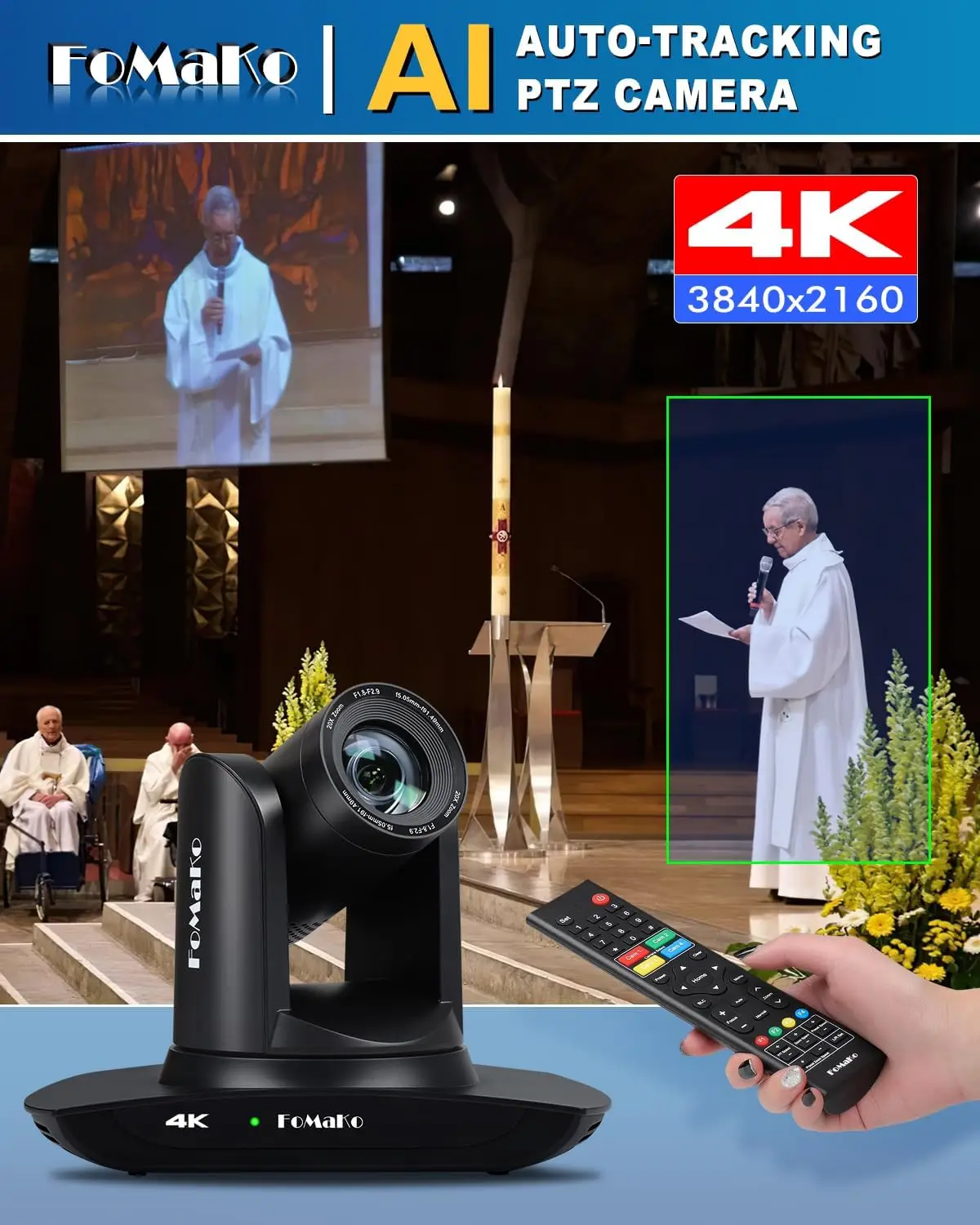 FoMaKo 4K PTZ Camera HDMI AI Auto-Tracking 4K 20X Optical Zoom(2pcs) M3 Video Switcher+KC608 PTZ Controller,for Church Worship