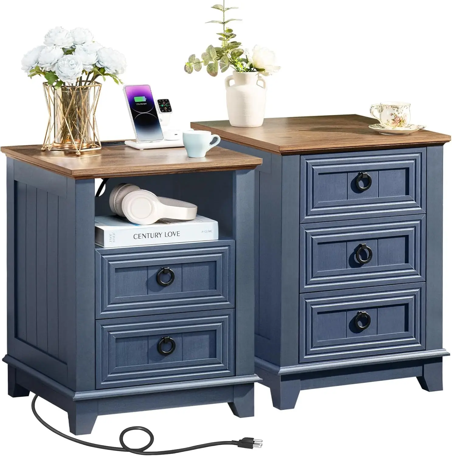 

Farmhouse bedside table, blue wooden,with open shelf, living room
