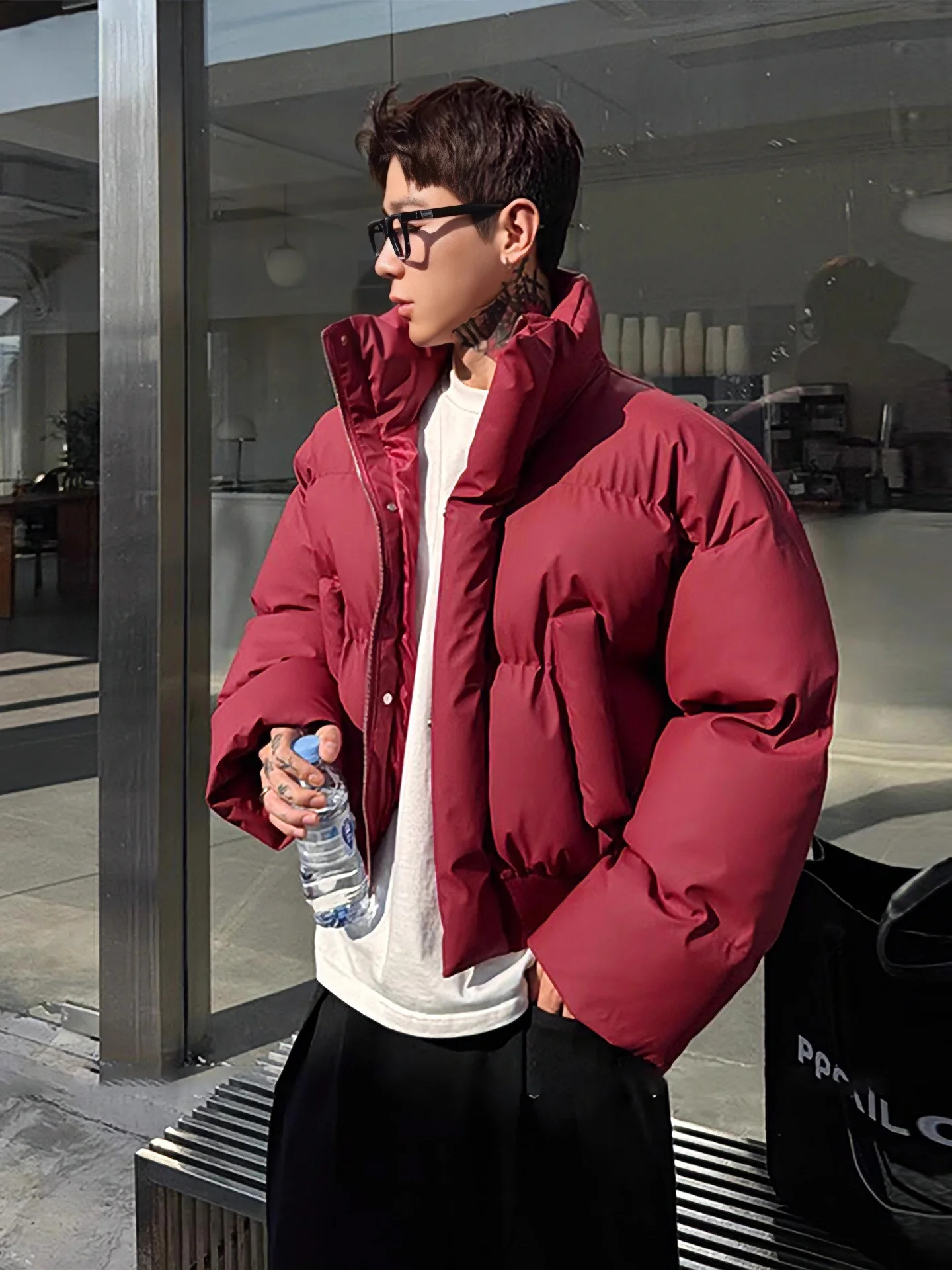 

Red ort Men's down Jaet Winter Warm Cotton PU Leather Stand Collar Bread Sle Coat Youth ular Daily Wear Polyester Fiber