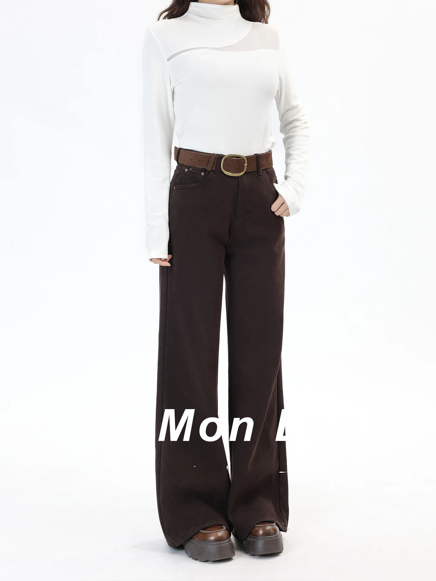

Retro Coffee Color Fce Lined Slim Fit Korean Sle Bell Bot Jeans Women's Warm Sli Bootcut Pants High Waist Denim