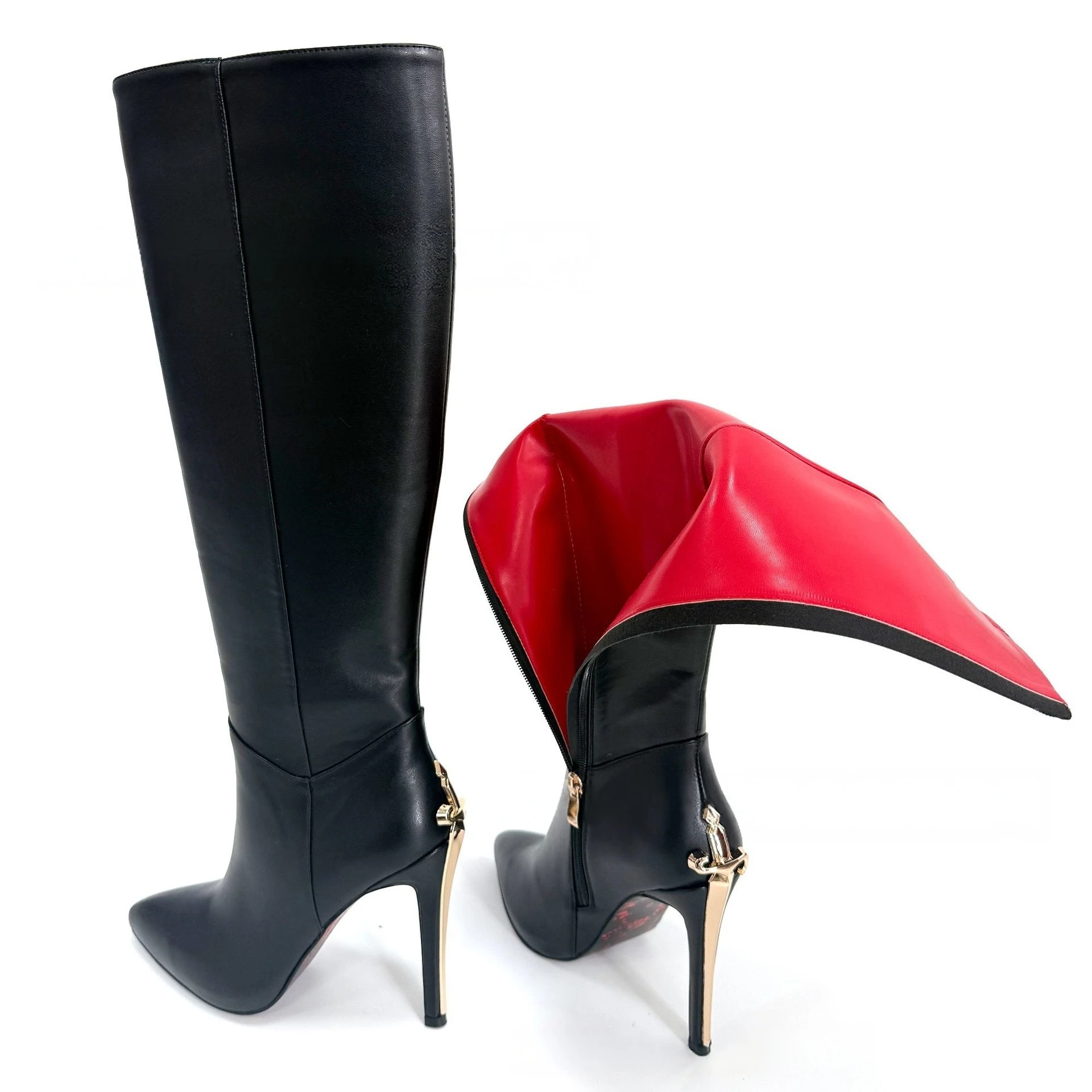 Sword Decor Stiletto Heel Tall Boots Women Pointed Toe Red Inner Lining Gold Metal Leather Zipper High Heels Black Dress Boots