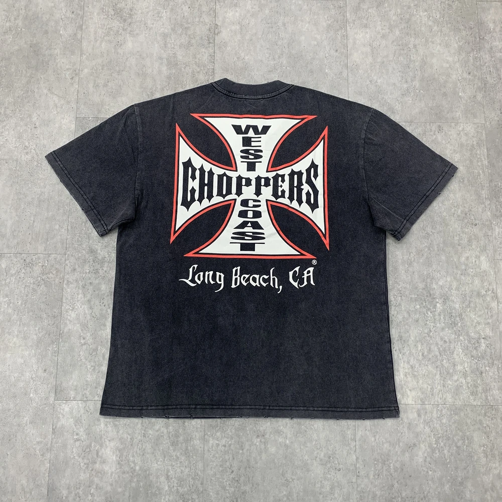 West Coast Choppers Iron Cross Vintage Washed Water-Rubbed Vintage Hole-Embossed Short-Sleeved T-Shirt