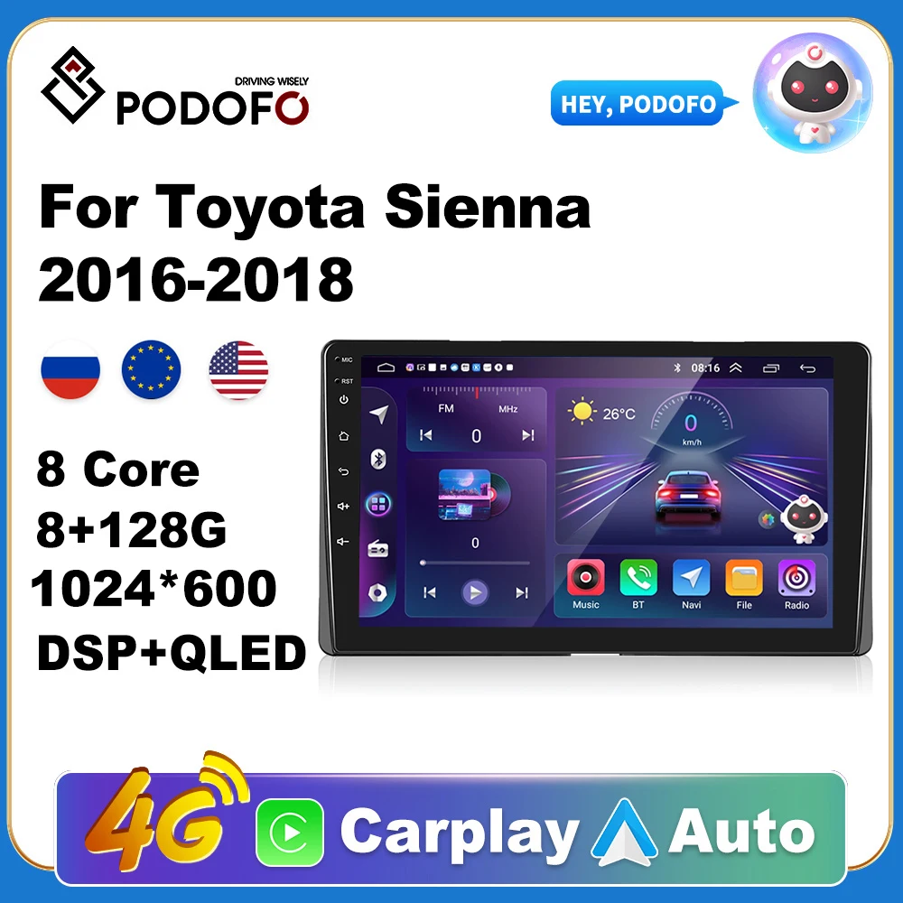 

Podofo Wireless CarPlay Andorid Auto Car Radio For Toyota Sienna 2016-2018 AI Voice Multimedia GPS 2din autoradio