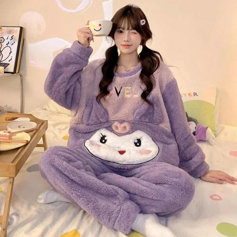 

Sanrio Kawaii Kuromi Winter Plush Nightgown Suit Cinnamoroll Women Warm Thickened Coral Velvet Pajamas Set Girl Student Homewear