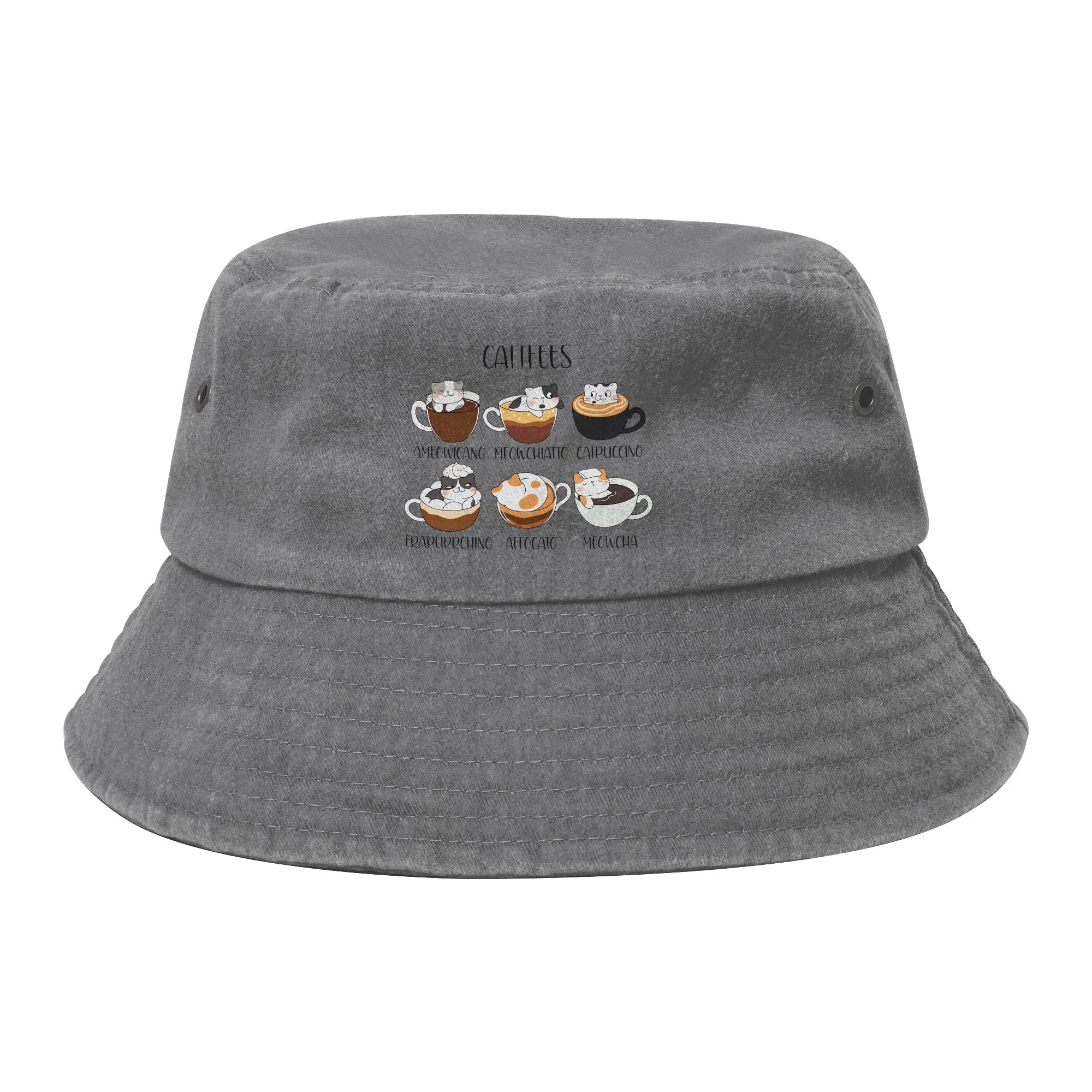 Funny Cat Coffee Lover Bucket Hat Woman Outdoor Distressed Denim Washed Fishing Fisherman Hats Hot Summer Headwear Bob Hat