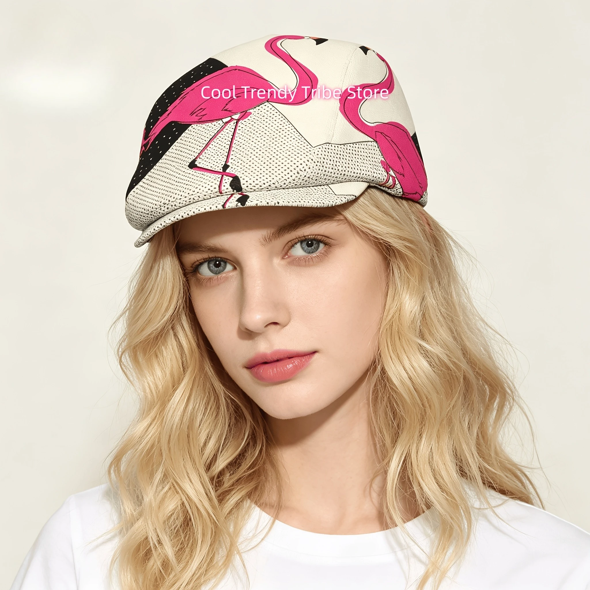 Pink Flamingo Retro Art 1pc All-over Print Flat-top Hats for Men and Women, Newsboy Caps, Berets, Irish Hats, Driver Caps, Men's