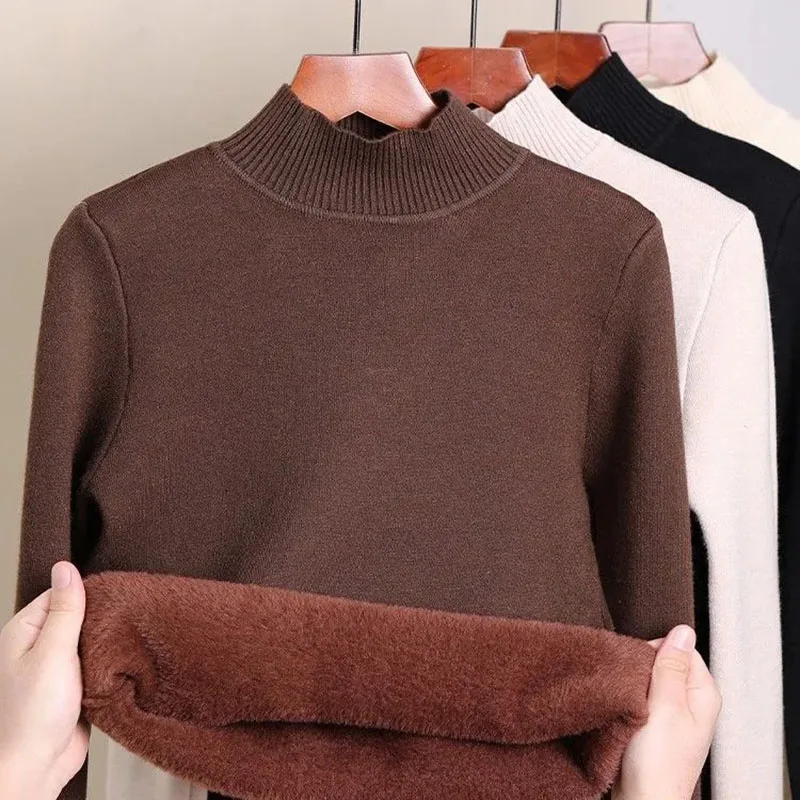 Winter Warm Sweater Pullover Women Slim Thicken Plush Velvet Lined Knitwear Jumper Korean Half Turtleneck Poleras Soft Knit Tops