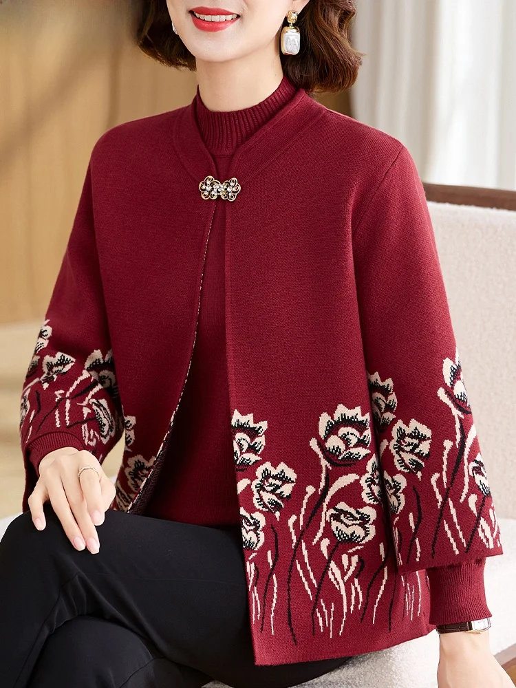 

Модный вязаный кардиган и комплект из двух предметов для женщин среднего и старшего возраста, осенняя одежда, прямой крой, стандартная длина рукавов