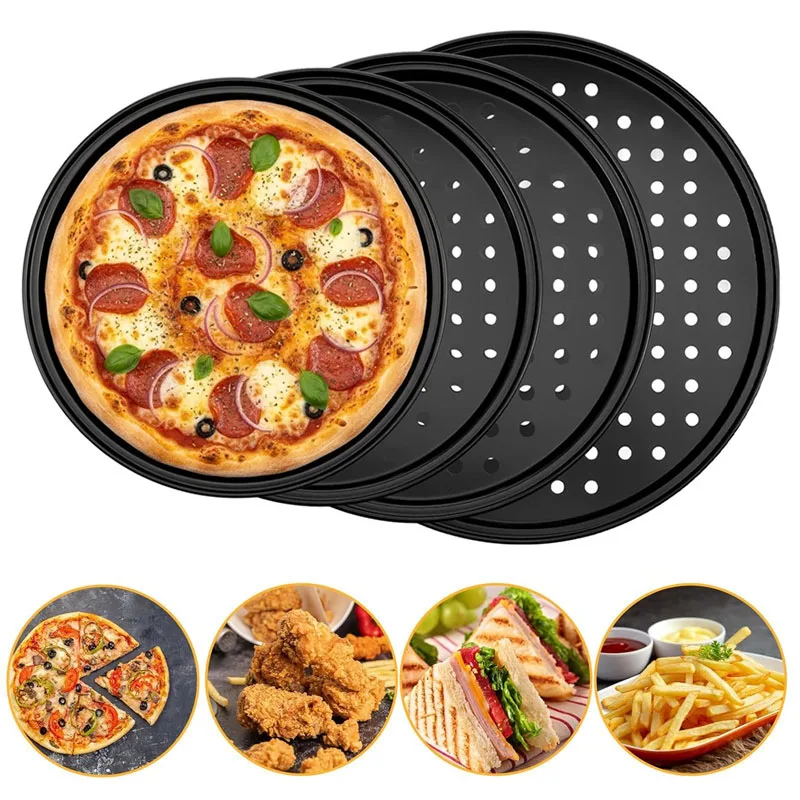 Bandejas Antiadherentes de Acero al Carbono para Pizza con Agujeros, Bandeja Redonda Antiadherente para Hornear Pizza, Bandeja de Cocina Multitamaño para Papas Fritas y Galletas