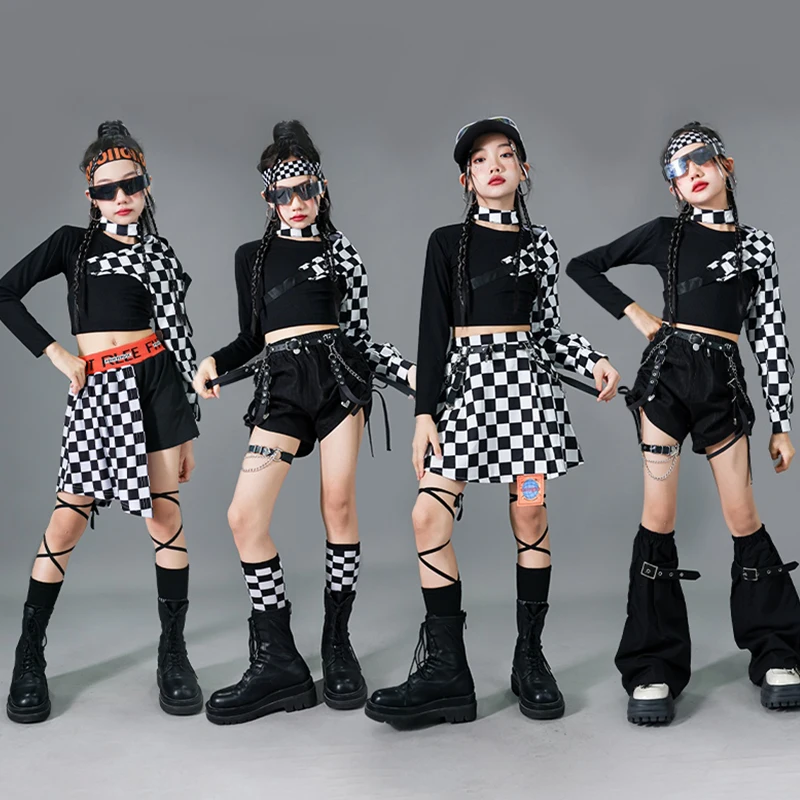 

Kids Jazz Dance Suit Girls Hip Hop Dance Clothing Kpop Stage Outfit Children Fashion Show Stage Costume Black White Skirt 1002