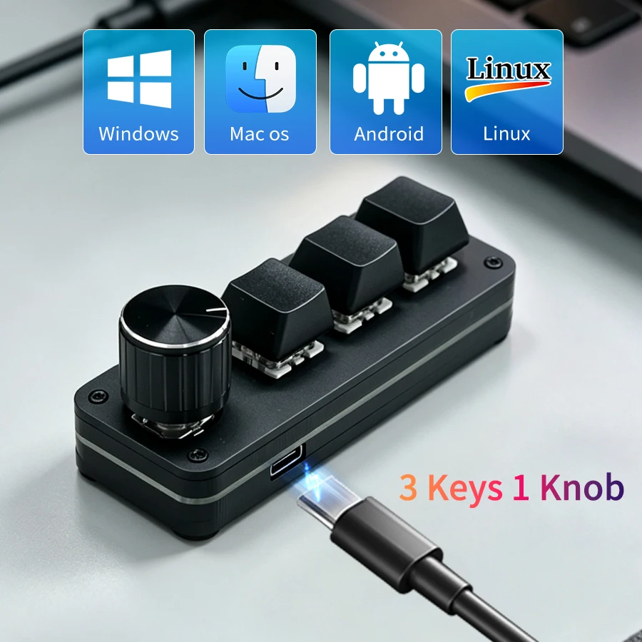 Teclado Macro Programável com Fio, 3 Teclas e 1 Botão Rotativo, RGB, Mecânico, Hotswap, Teclados Personalizados para Jogos, Photoshop e Multimídia