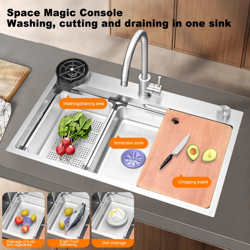 Stainless Steel Kitchen Sink Silver Embossed Large Single Slot Home Improvement Multifunction Wash Basin For Kitchen