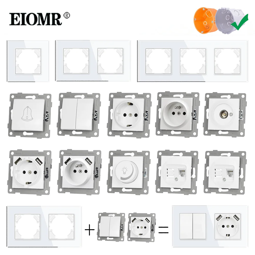 EIOMR Biały kryształowy szklany panel włącznika światła UE Francuskie gniazdka elektryczne Usb Wtyczka ścienna TV Rj45 Moduł gniazda DIY do okrągłego pudełka