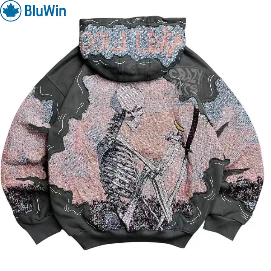 BluWin Y2K Streetwear Skull Print Hoodie for Men Women Oversized Hip Hop Pullover Sweatshirt