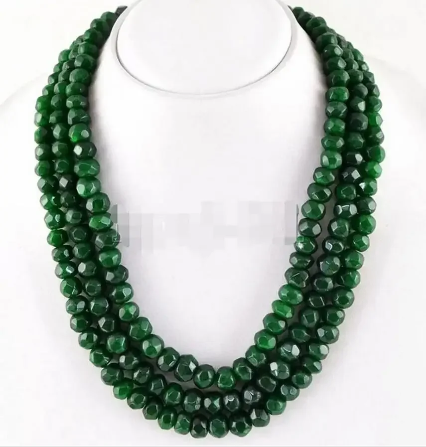 3Rows Natural 5x8mm Green Emerald Faceted Gemstone Beads Necklace 17-19'' AAA