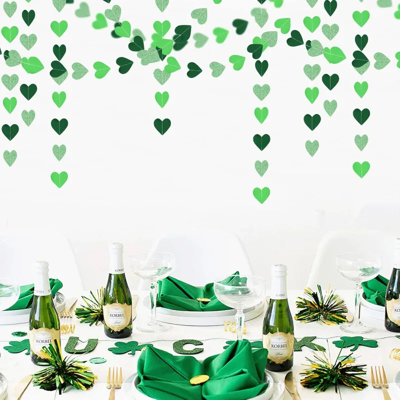 Green Heart Paper Hanging Garland Streamers Backdrop for St Patricks Day Spring Summer Birthday Wedding Baby Shower Decorations