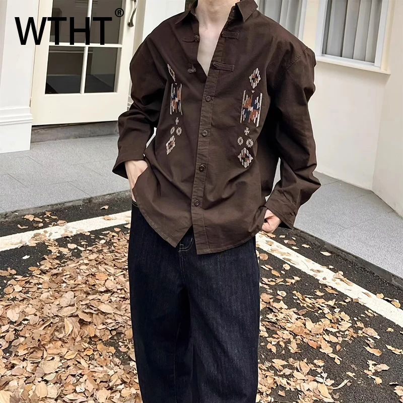 

WTHT Fashion Men's Embroidery Plate Buckle Loose Shirts Trendy Chinese Style Lapel Casual Tops Male 2026 Spring 2A2668