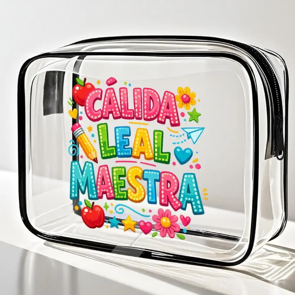 Spanish Teacher Within Storage Bags Typography Apple and Pencil Clear Zipper Makeup Pouch Kawaii Bright Multicolor Floral