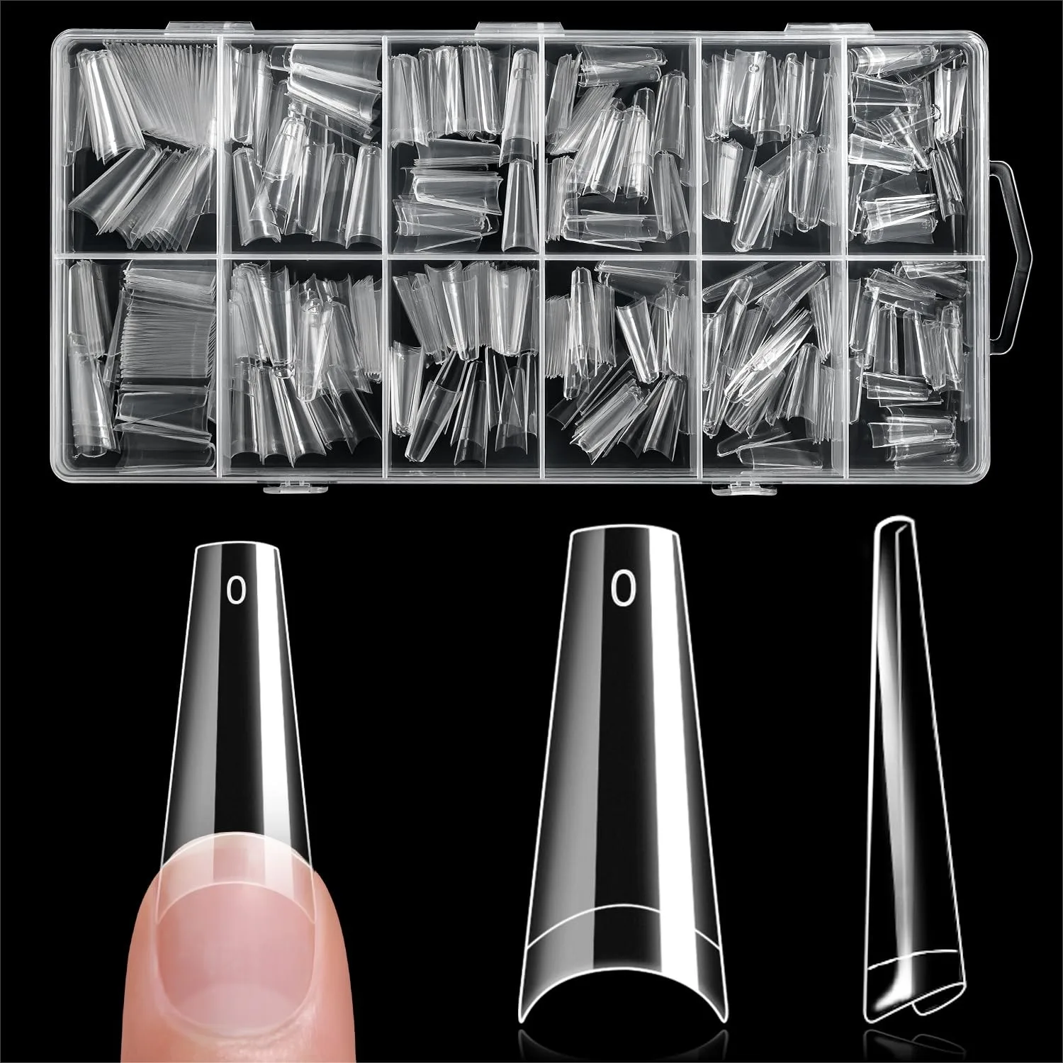 

600PCS Half Cover Coffin Nail Tips, 12 Size Clear Acrylic False Nails with Box for Salon and Home DIY