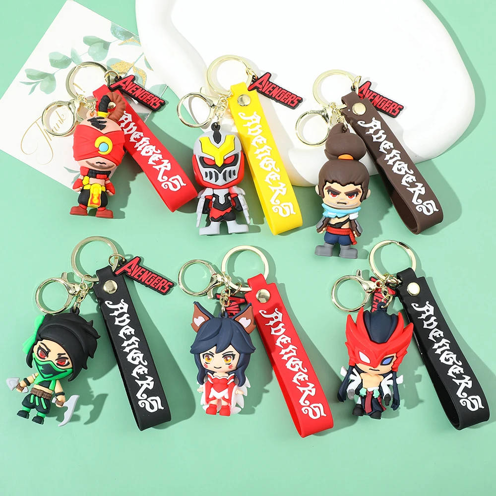 Game LOL League of Legends Figure Silicone Keychain Akali Lee Sin Ahri Yasuo Yone Pendant Keyholder Jewelry Accessories