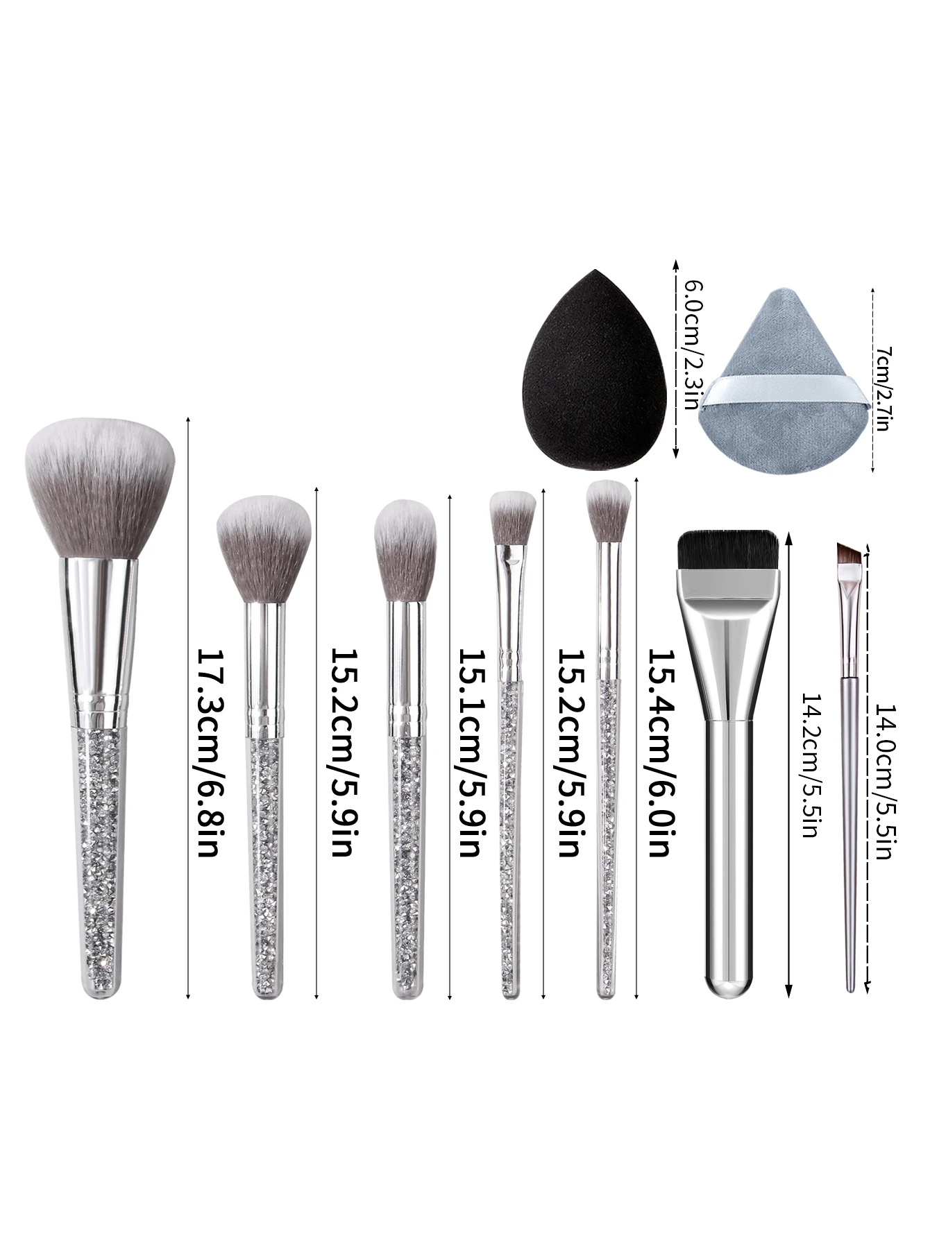 Juego de brochas de maquillaje con mango de diamante, 11 Uds., brocha de cabeza plana/brocha delineador de ojos con hoja y esponja de maquillaje suave, esponja para polvo de huevo