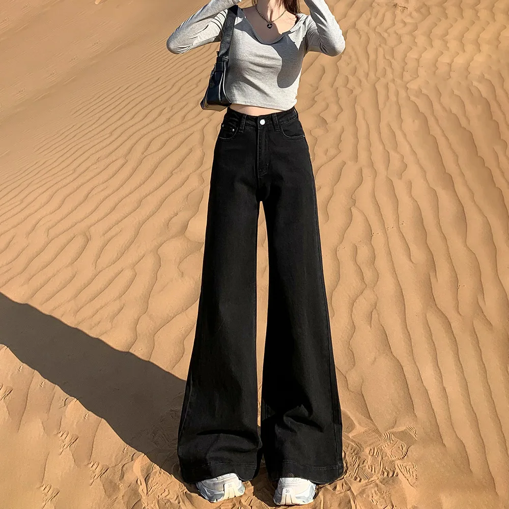 

Black Wide-Leg Jeans Women, New Spring Style, Loose, Not Tight-Fitting, Flared, Floor-Length, Slimming Pants For