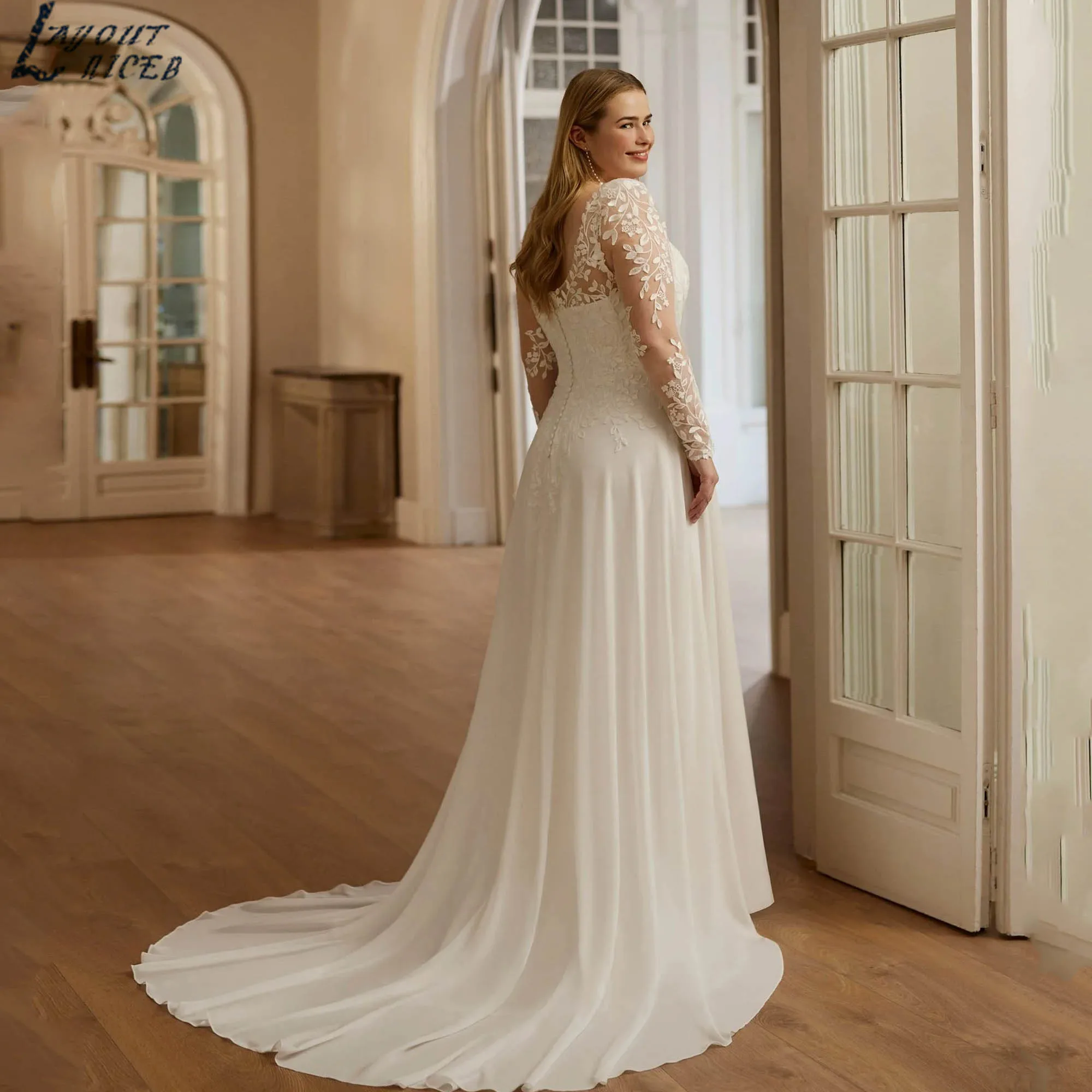 Long Sleeves V-neck Wedding Dresses Plus Size Chiffon A-line Appliques Bridal Gowns Modern Backless vestidos de novia Customized
