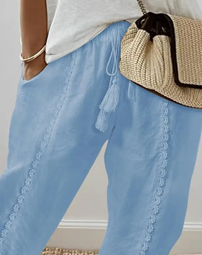 Women's Casual Trousers 2024 Summer Autumn Latest Chic Contrast Lace Patch Pocket Tassel Design Pants Cuffed Tied Detail Pants